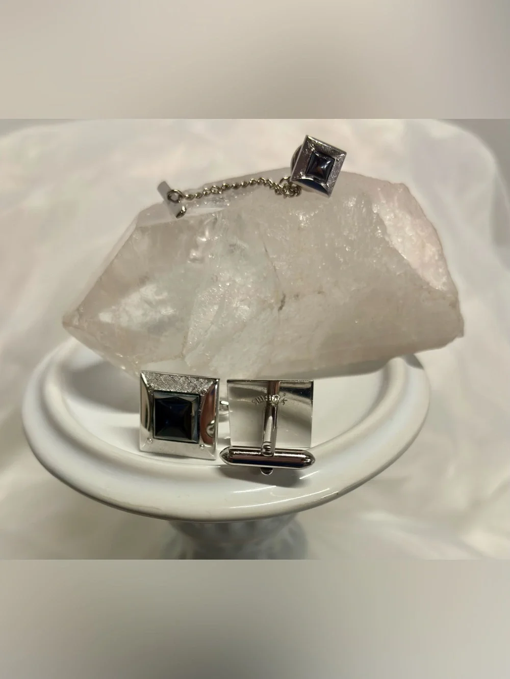 Vintage Swank Mid Century Modern Square Black Onyx Silver Tone Cufflinks MCM